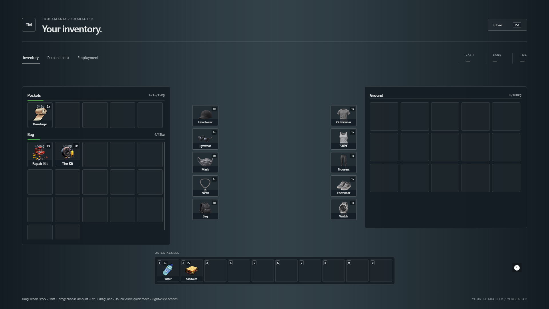 Truckmania inventory with pockets and bag on the left, clothing and watch slots in the middle, Ground on the right and ten numbered quick-access slots along the bottom.