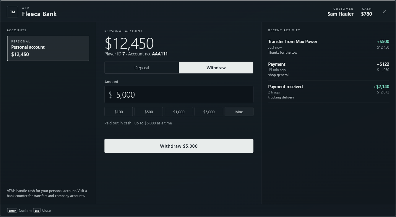 ATM interface with only the personal account, Deposit and Withdraw tabs, and a prepared five-thousand-dollar withdrawal.
