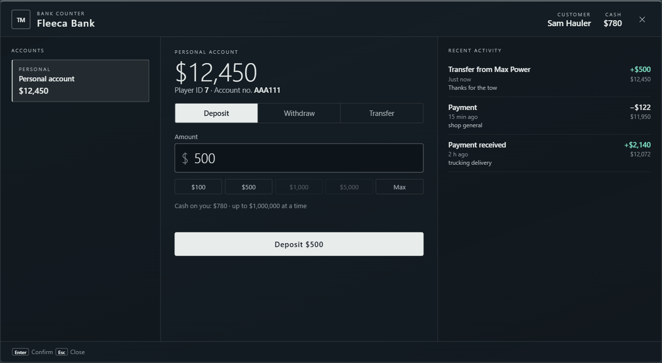 Fleeca Bank counter interface showing the personal account, cash on hand, deposit controls, player ID and recent activity.