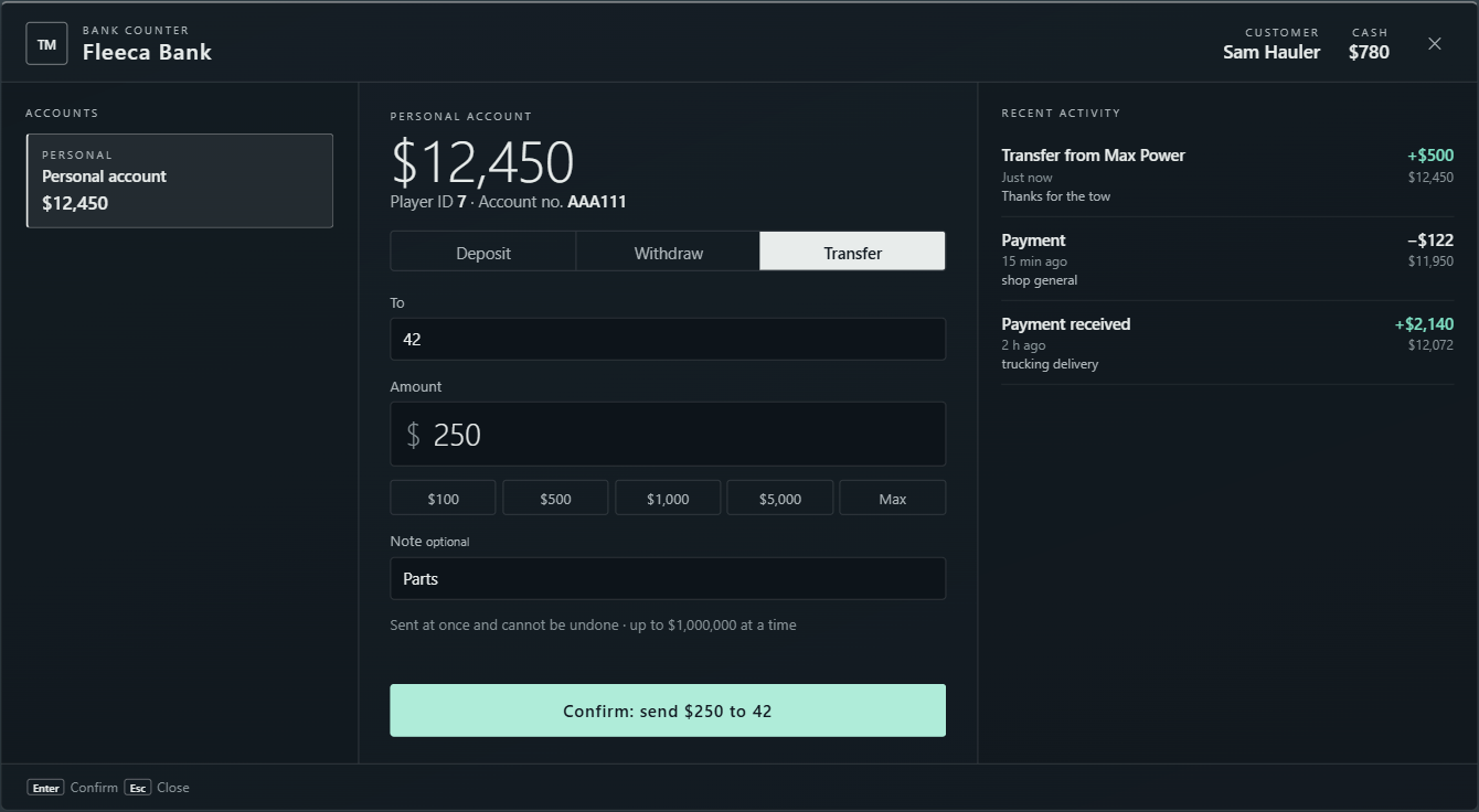Bank Transfer tab with an example recipient player ID, a Parts note and a confirmation button to send two hundred and fifty dollars.