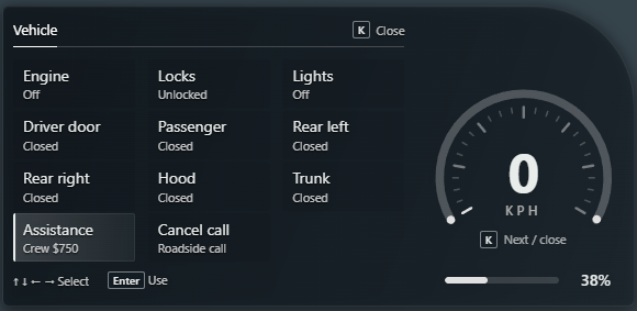 Vehicle panel with Assistance selected, offering a roadside crew for an example $750 charge, and Cancel call beneath it.