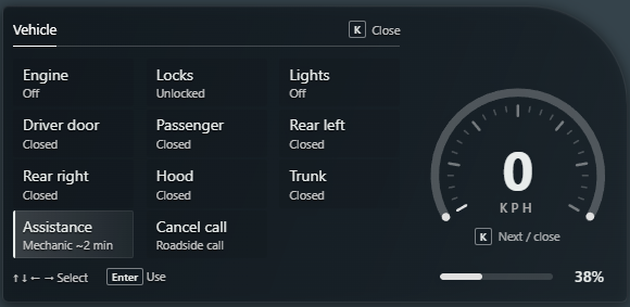 Vehicle panel with Assistance showing Mechanic approximately two minutes away and a separate Cancel call row.