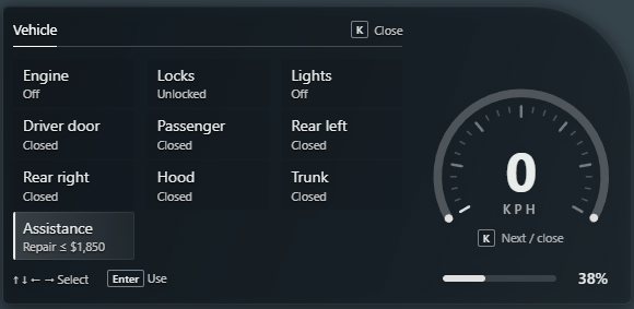 Vehicle panel with Assistance selected and an example Repair maximum of $1,850 beside the parked vehicle speedometer.