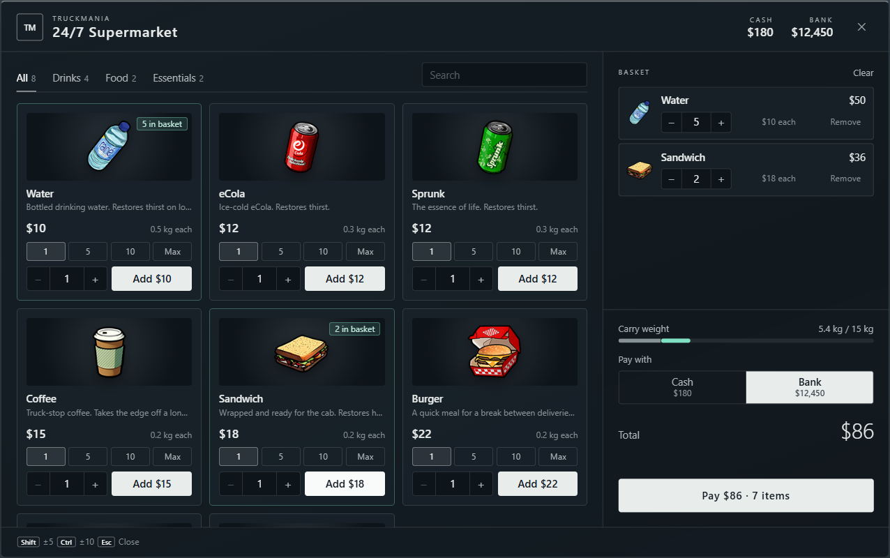 24/7 Supermarket interface with category tabs, search, item quantity controls and a basket containing water and sandwiches, with Bank selected for payment.