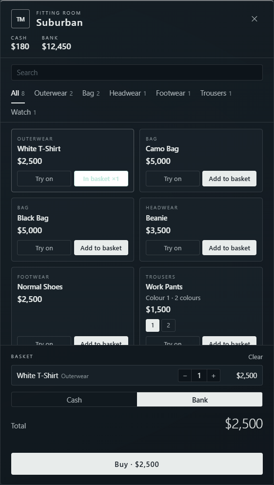 Suburban fitting room catalogue panel with clothing categories, example pieces, a basket and Cash or Bank payment buttons.
