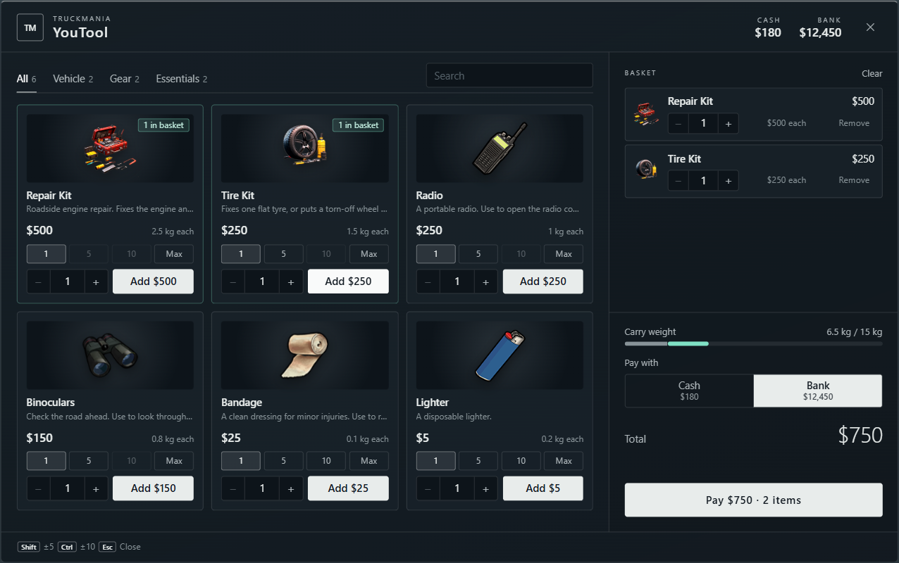 YouTool shop showing Repair Kit and Tire Kit item descriptions and a basket with one of each, paid from Bank.