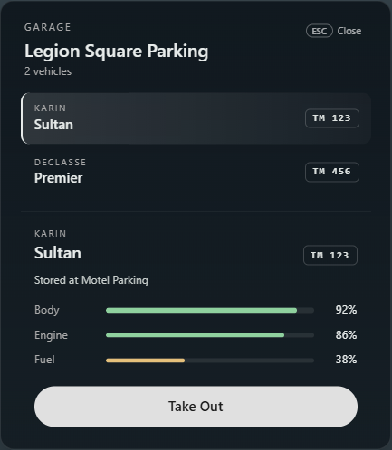Garage panel listing personal vehicles, with a selected car showing its plate, storage location, body, engine and fuel percentages and Take Out button.